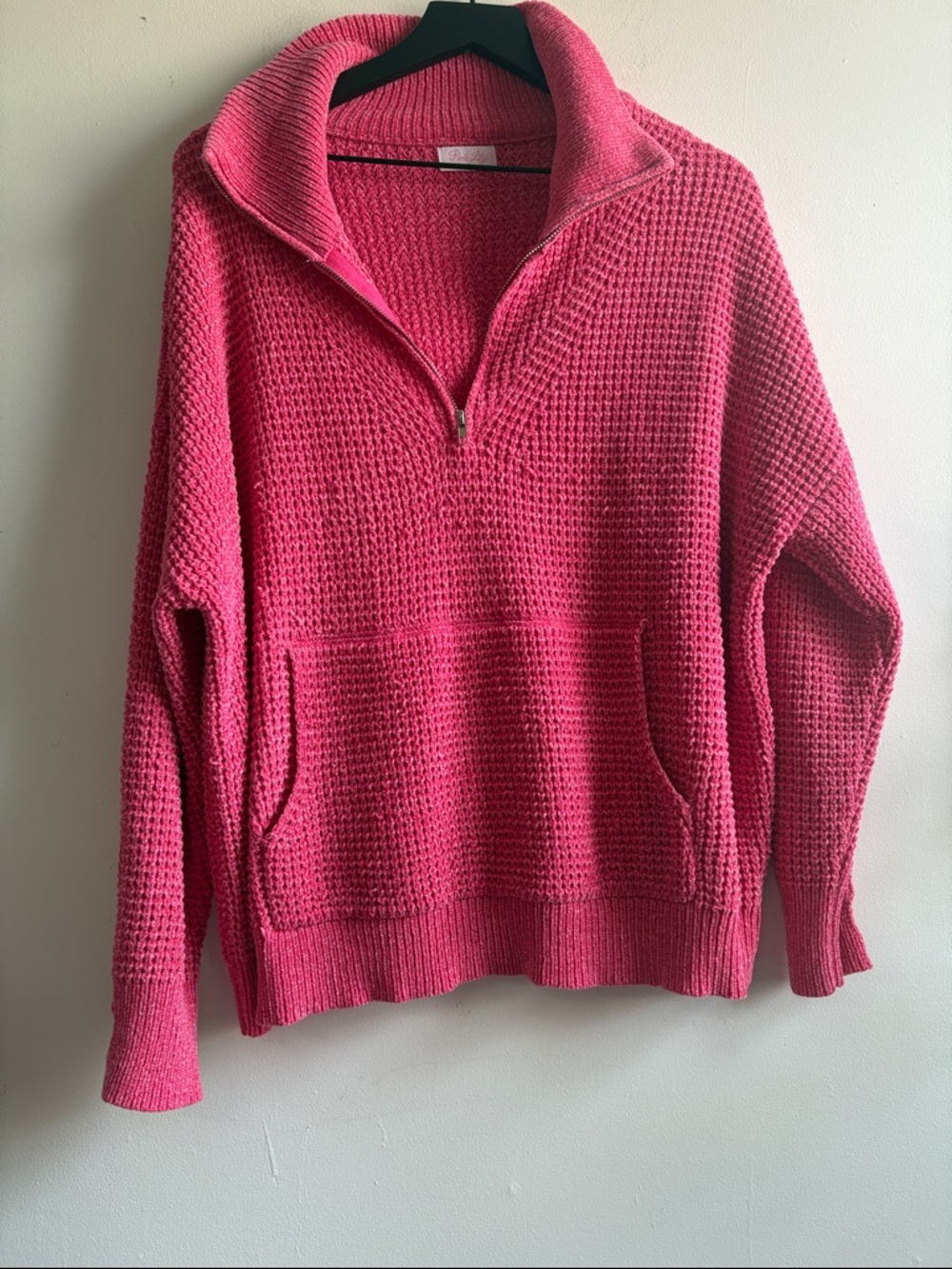 Pink Lily Hot Pink Half-Zip Waffle Pullover